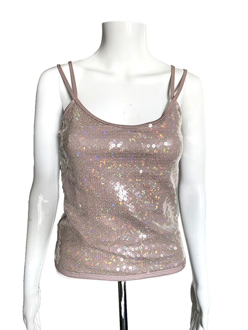 Vintage CHANEL 2005 FR-38 Sequin Tank Top Brown Beige CC Logo 05P Small
